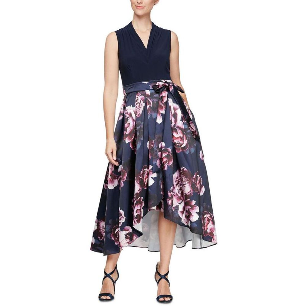 SLNY Womens Navy Hi-Low Floral Formal Evening Dress Gown NWT